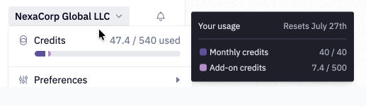View your current monthly credit grant balance from the workspace dropdown user meter