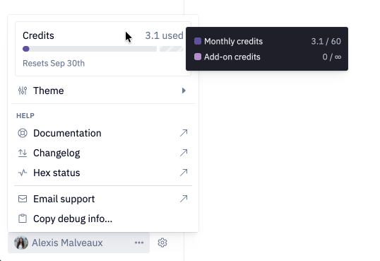 View your current monthly credit grant balance from the user credit meter in the bottom left user menu 