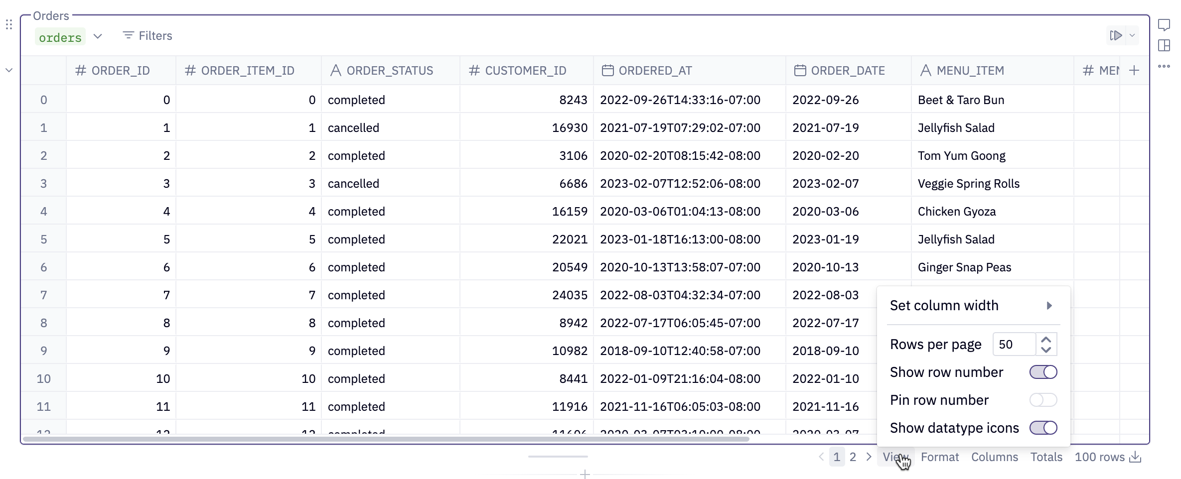 Table display cell view options