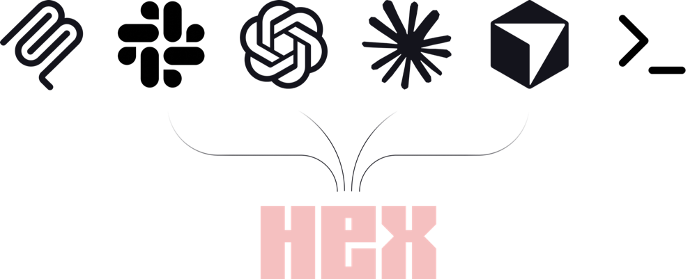 Hex, Slack, ChatGPT, Claude, MCP, and the CLI all connecting into Hex